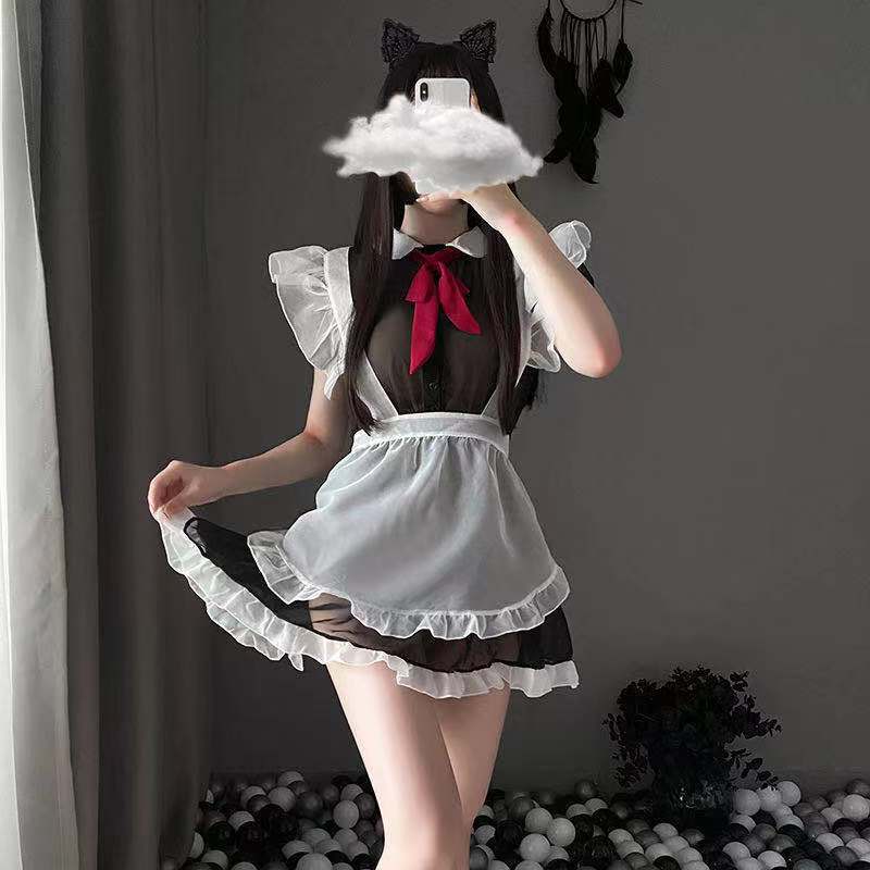 Strappy apron mesh see-through cosplay cut-out sexy maid outfit