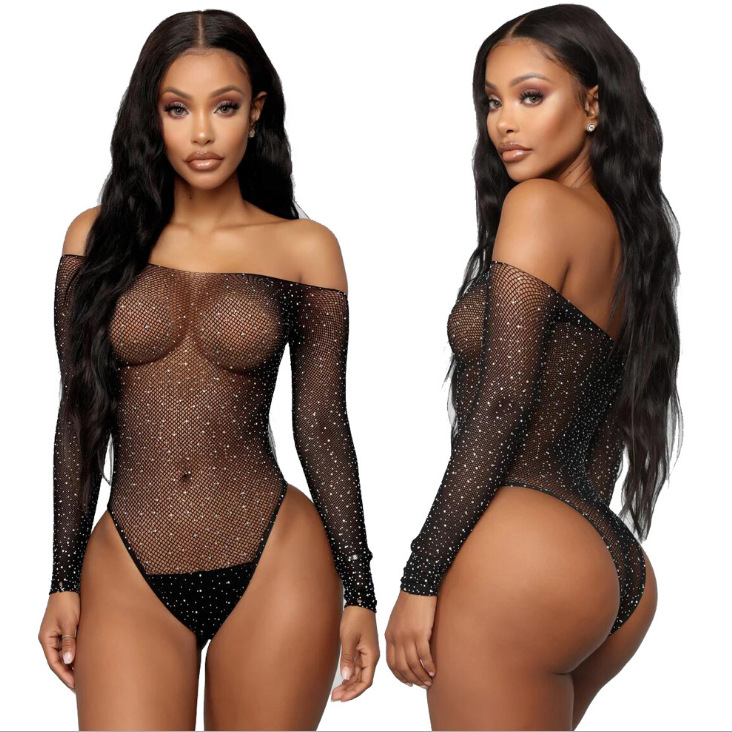 Europe and the United States Ms. hot diamond jumpsuit uniform temptation sexy open gear long-sleeved erotic lingerie net clothes