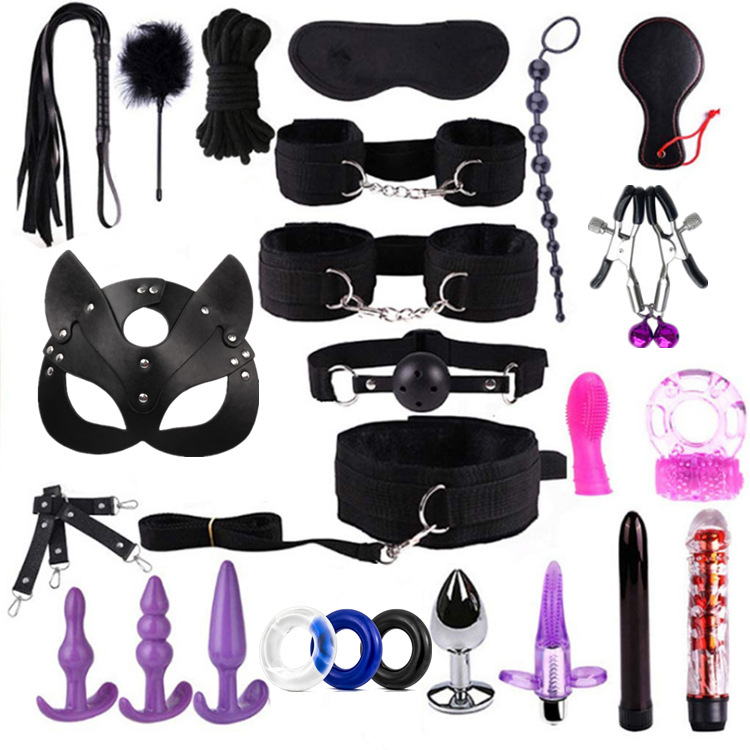 SM Fun Multi piece Set Adult handcuffs, foot cuffs, nylon webbing, leather anal plug, female slave training BDSM