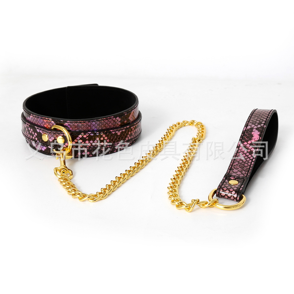 BDSM Sex Toy Bondage Collar Laser Snakeskin Pattern Neck Sleeve Collar Gold Band Tow Chain