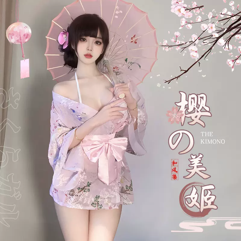 Japanese thin printed kimono erotic lingerie, plus size girls pure desire to tease pajamas sexy uniform temptation set