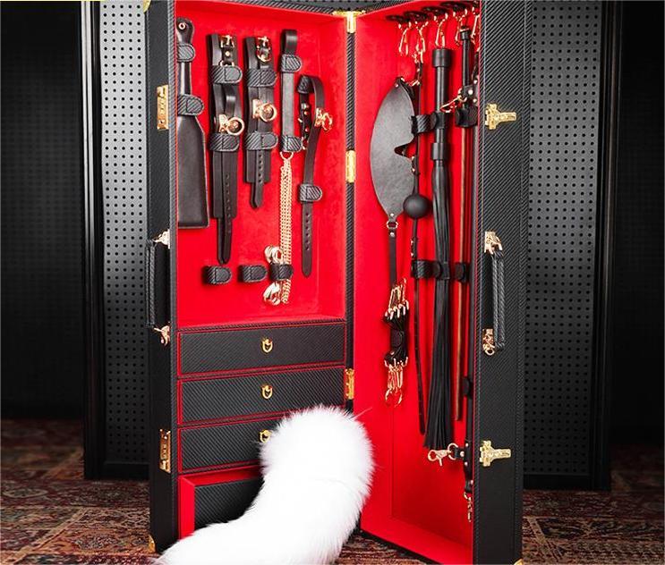 SM Cabinet Drawer Sex Suit, Cowhide Case, Whip, Handcuffs, Collar, Bondage, Tail Bondage