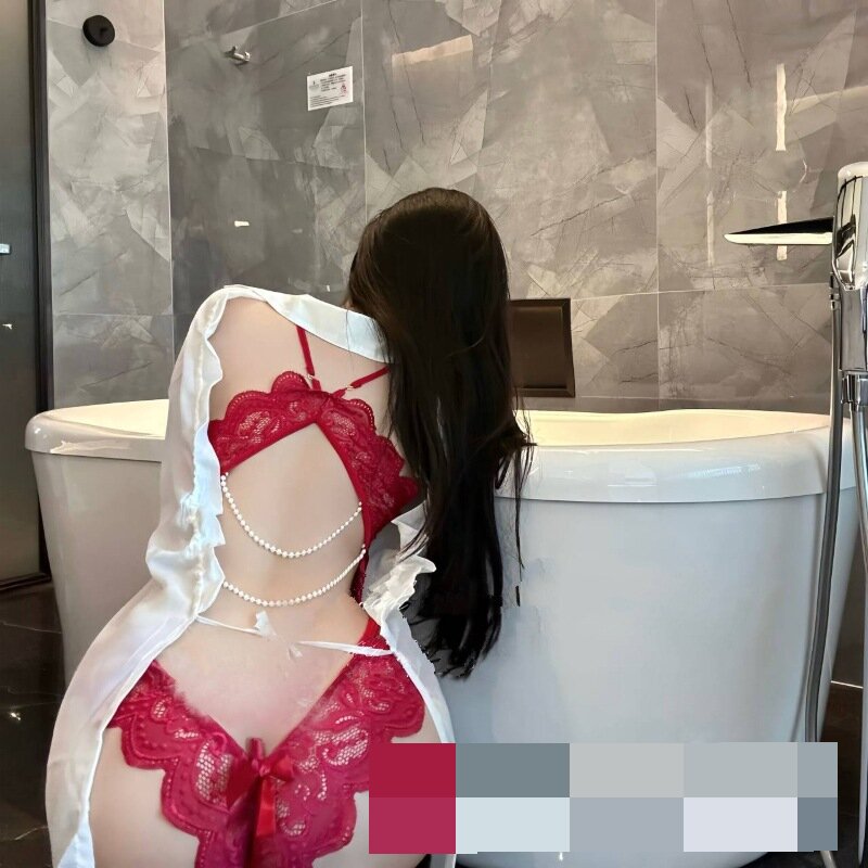 Erotic underwear female open gear see-through temptation uniform lace backless pearl jumpsuit sexy uniform suit